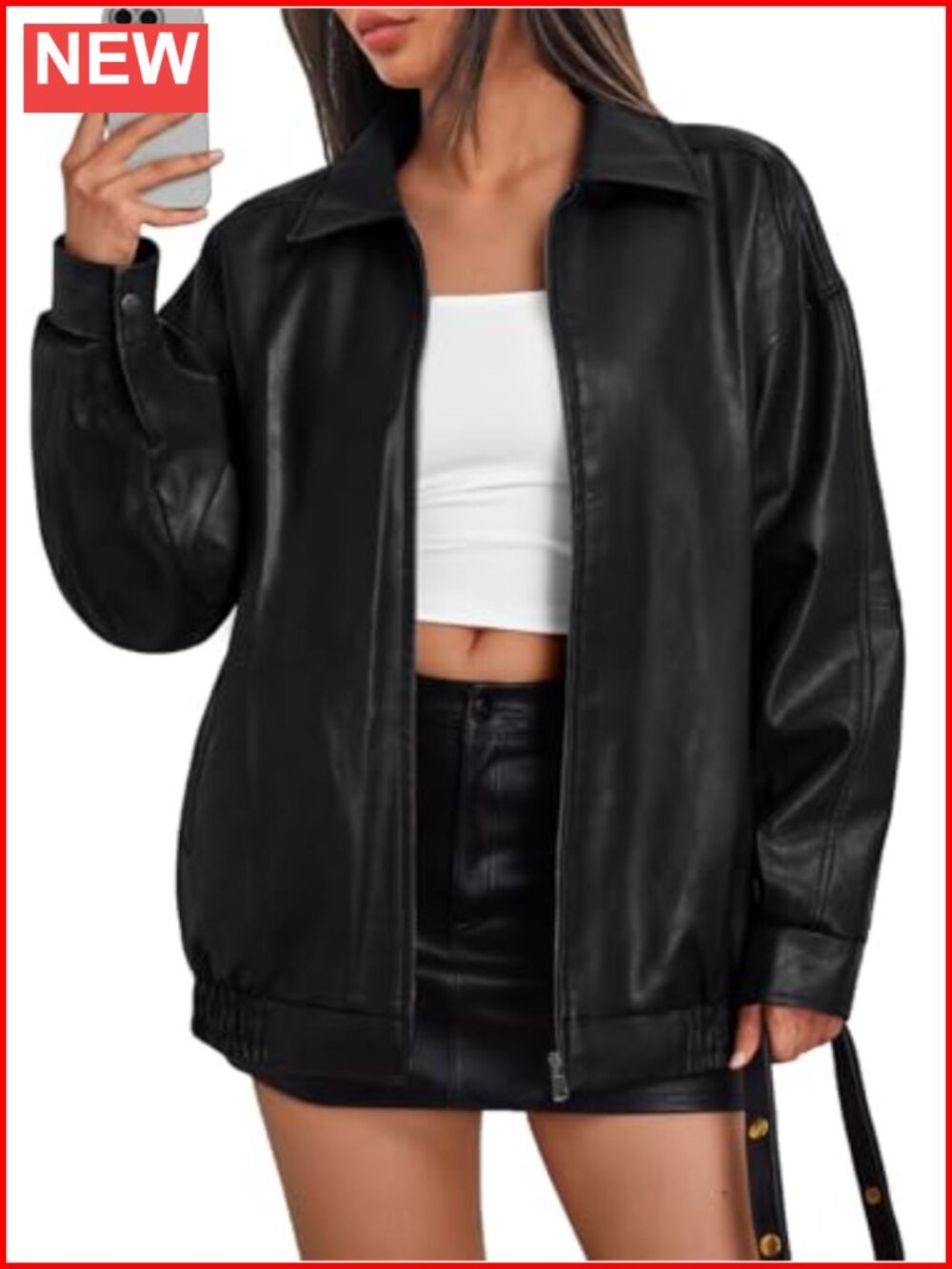 Trendy Queen Women's Oversized Vegan Leather Moto Jacket Bomber Fall Winter